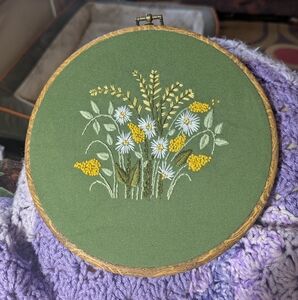 Floral Embroidery Hoop Art on Green Fabric